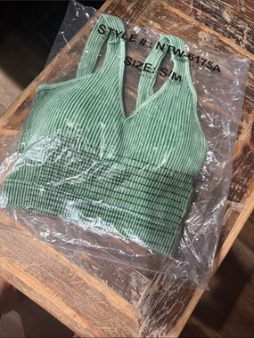 Ribbed V-Neck Bralette Tank Top - Green Zenana s/m